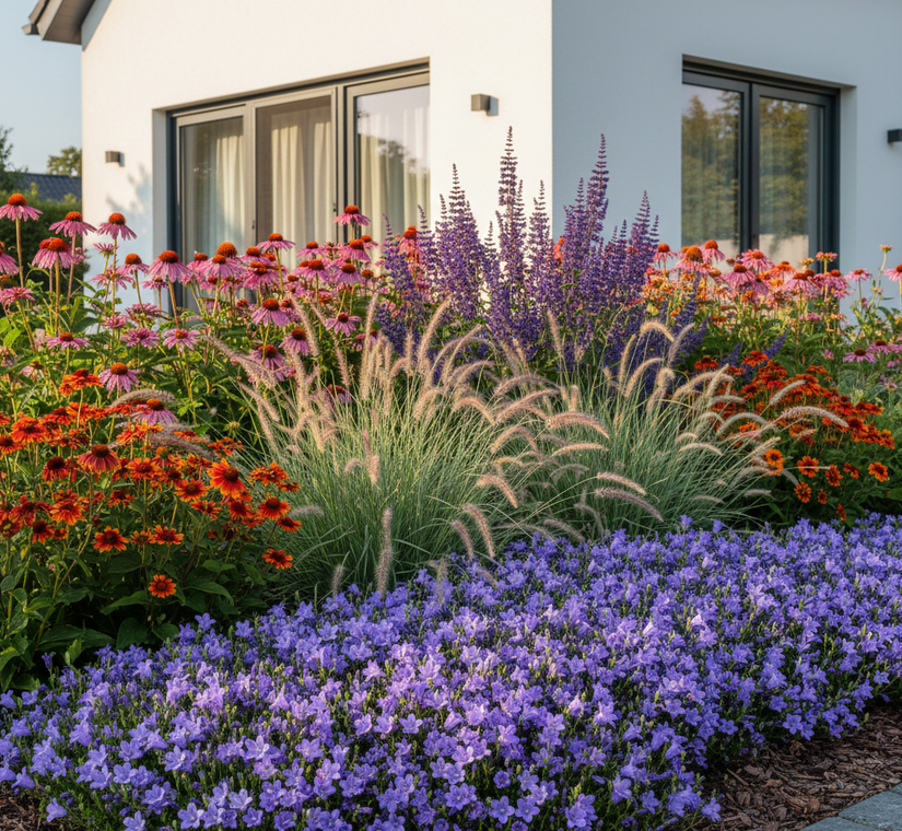 Campanula portenschlagiana 'Resholdt's Variety' als randbeplanting met daarachter bijpassende soorten als zonnehoed, dropplant, lampenpoetsersgras en zonnekruid