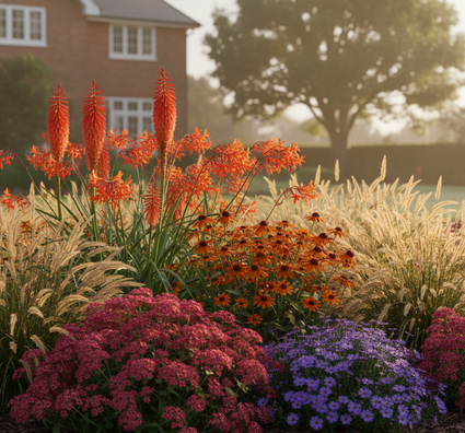 kniphofia uvaria grandiflora met Montbretia 'Crocosmia' , rode spoorbloem, lage bergasters, zonnekruid moerheim beauty en pennisetum hameln,