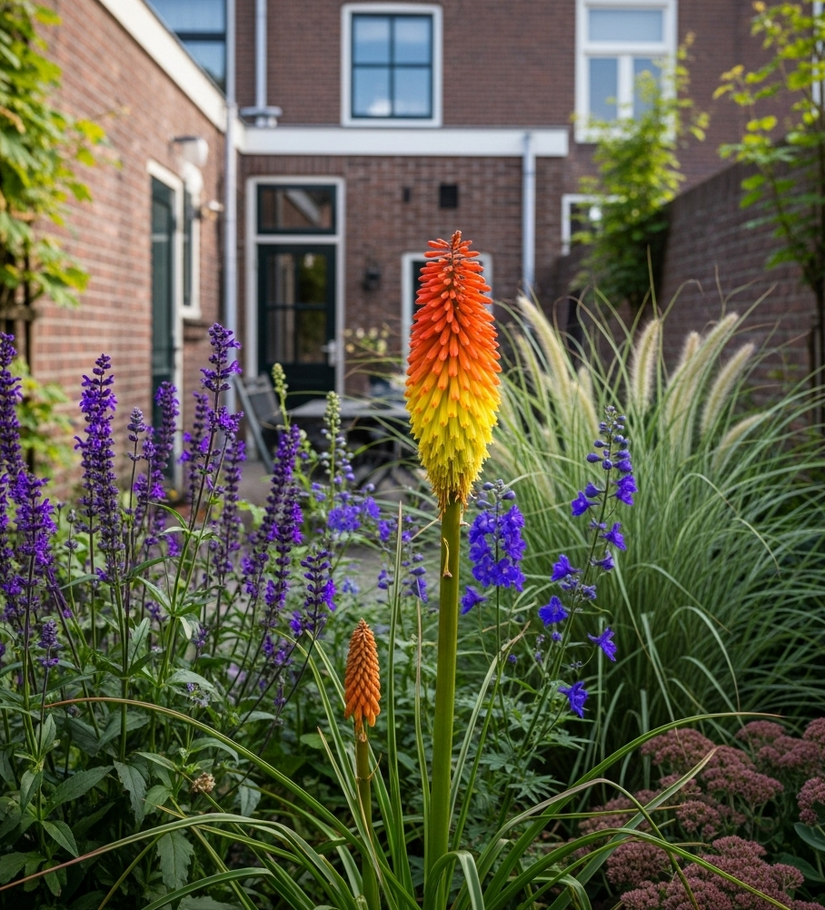 ai sfeerbeeld kniphofia royal castle met sedum, lampenpoetsersgras en salie