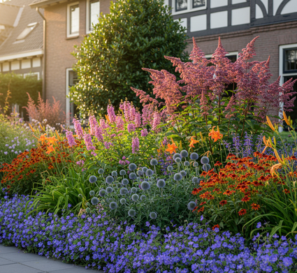 Eupatorium maculatum 'Atropurpureum' achteraan in border met ervoor Brandkruid phlomis roze, Daglelie 'Hemerocallis' oranje, Zonnekruid Helenium moerheim beauty, Kogeldistel echinops veitch blue en aan de rand Ooievaarsbek geranium rozanne + helemaal op de achtergrond een ilex aquifolium