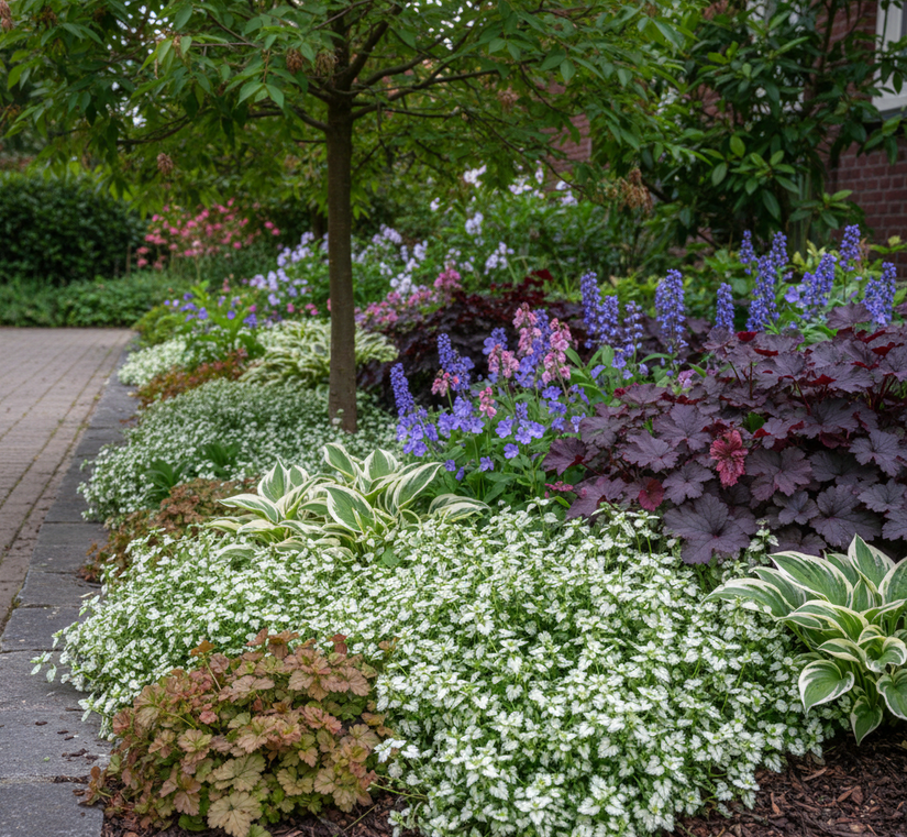 lamium white nancy met Longkruid 'Pulmonaria' 

Hartlelie 'Hosta' witbont

Ooievaarsbek 'Geranium', zoals rotsooievaarsbek

Purperklokje 'Heuchera' donkerpaars

Elfenbloem 'Epimedium' ruburum

