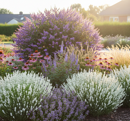 lavandula arctic snow met Zonnehoed 'Echinacea', Dropplant 'Agastache', Kattenkruid 'Nepeta', Vedergras 'Stipa' en halfhoge vlinderstruik 'Buddleja'.