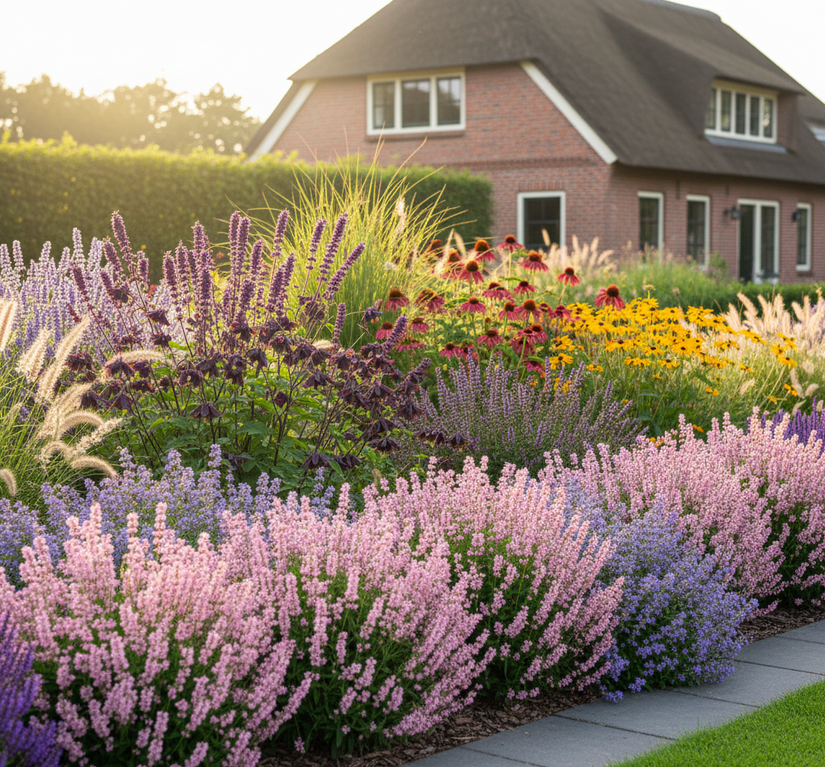 lavandula ang. rosea met Kattenkruid 'Nepeta' ernaast

Rode Zonnehoed 'Echinacea'

Gele Zonnehoed 'Rudbeckia' (steekt mooi af)

Dropplant 'Agastache' (zet deze er achter)

Akelei 'Aquilegia' black barlow

Salie 'Salvia' Ostfriesland

Siergrassen als Lampepoetsersgras 'Pennisetum', pijpestrootje 'molinia' en struisriet 'calamagrostis'