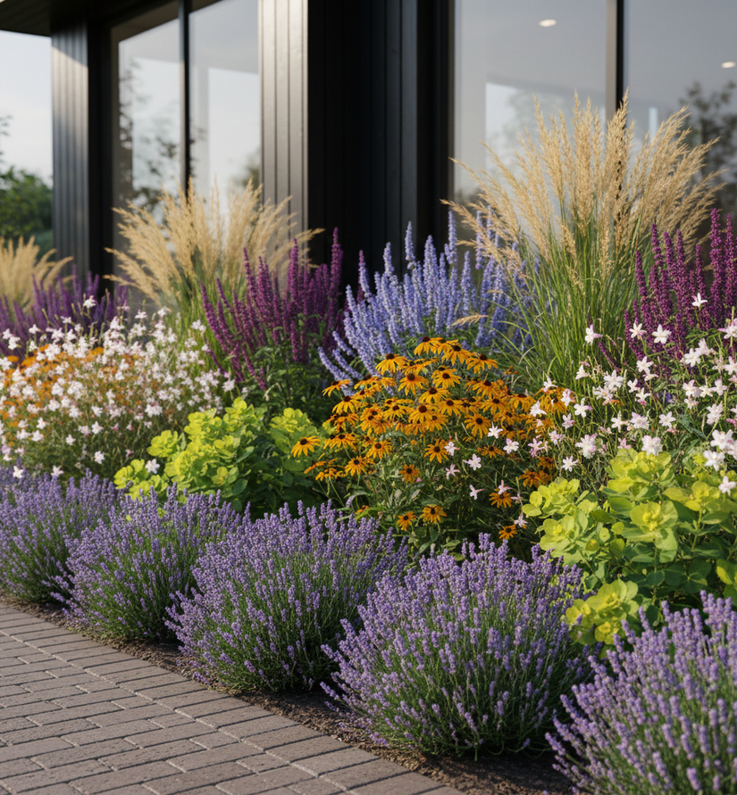 lavendel dwarf blue als randbeplanting in border met Dropplant 'Agastache' zet deze er achter

Gele Zonnehoed 'Rudbeckia' ernaast of er achter

Wolfsmelk 'Euphorbia' als wintergroen accent

Prachtkaars 'Gaura' tussendoor

Siergrassen zoals Lampepoetsersgras 'Pennisetum'
