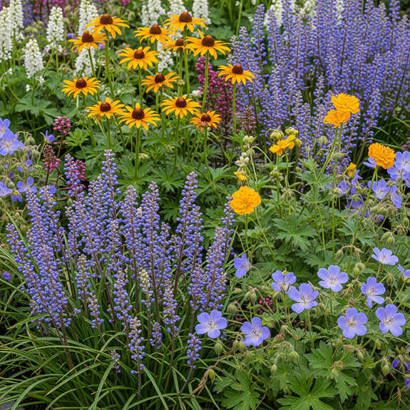liriope ingwersen planten met oa ooievaarsbek geranium rozanne en gele zonnehoed rudbeckia