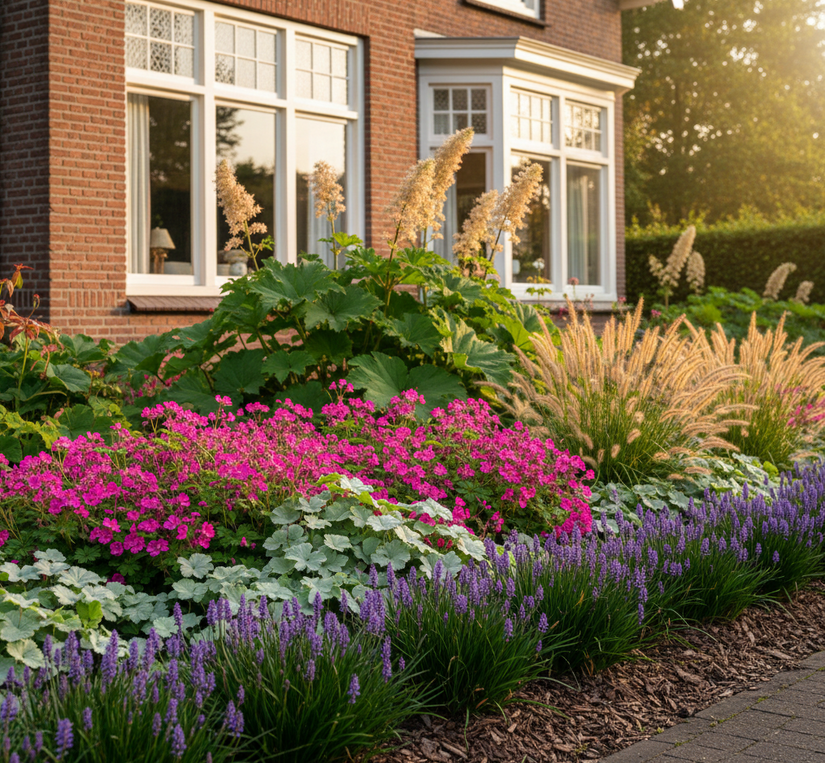 Liriope muscari met brunnera, rotsooievaarsbek, rodgersia en lampenpoetsersgras 'Hameln'
