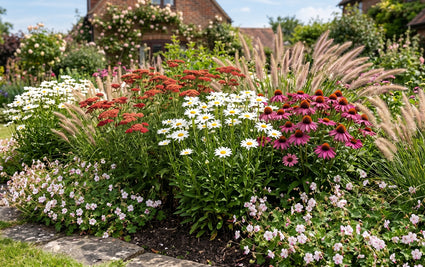 Leucanthemum vulgare 'Maikönigin' in border met achillea paprika, pennisetum hameln en echinacea purpurea en vooraan geranium spessart