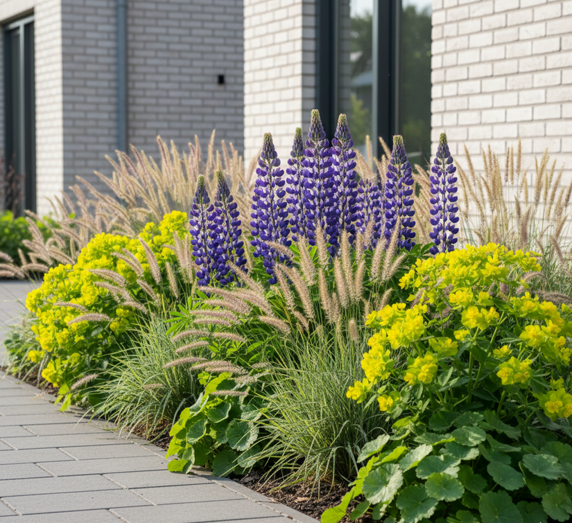 Lupinus 'The Governor' in border met stipa vedergras, wolfsmelk, vrouwenmantel en lampenpoetsersgras