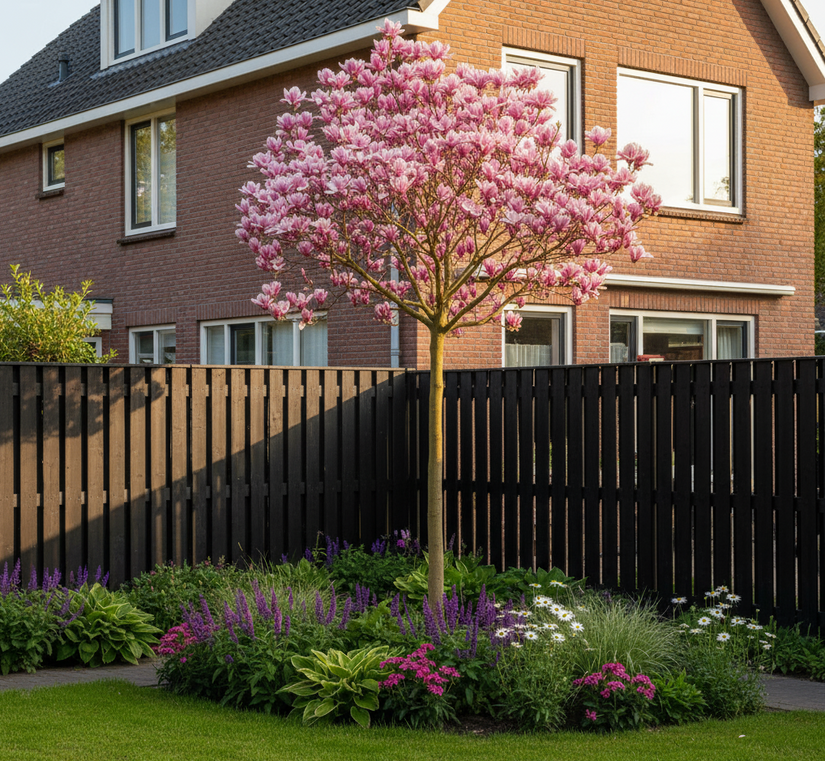 volgroeide magnolia op hoge stam in bloei