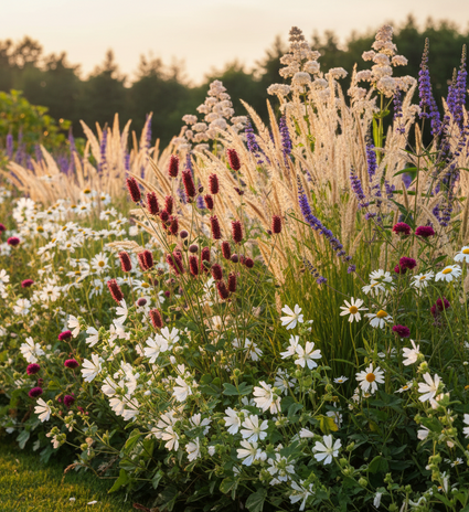 malva moschata alba combineren met Grote pimpernel 'Sanguisorba'

Beemdkroon 'Knautia'

Gewone margriet 'Leucanthemum'

Echte valeriaan 'Valeriana'

Lange ereprijs 'Veronica'

en Lampenpoetsersgras pennisetum hameln