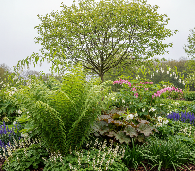 Dryopteris filix-mas varen in schaduwborder met Perzische Muts 'Tiarella'

Schout-bij-Nacht 'Rodgersia' erachter

Kaukasisch-vergeet-mij-nietje 'Brunnera'

Leliegras 'Liriope'

Nieskruid 'Helleborus' niger

Gebroken Hartje 'Dicentra'

Salomonszegel en helemaal acheraan Amelanchier op hoge stam