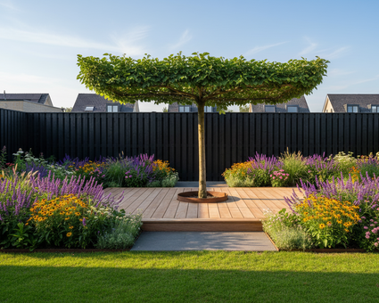 Dachmaulbeerbaum - Morus alba 'Fruitless' Dachbaum mit quadratischem Bambusgestell