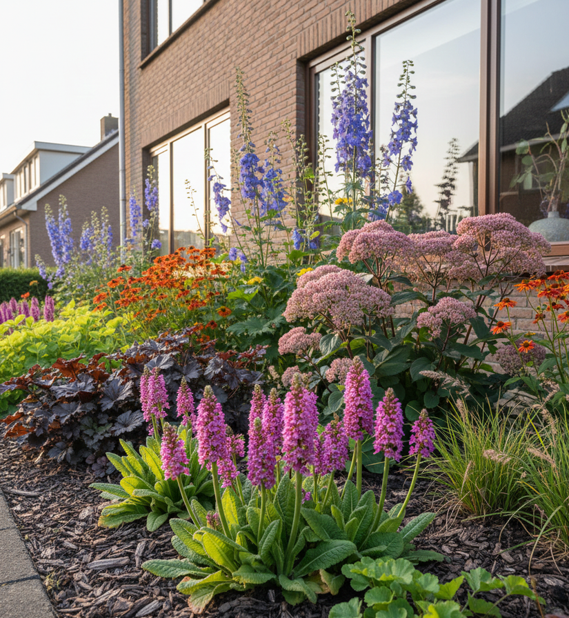 Orchidee primula plant met sedum matrona, ridderspoor 'delphinium', purperklokje 'heuchera', lampenpoetsersgras 'pennisetim'
 en zonnekruid 'helenium'. 