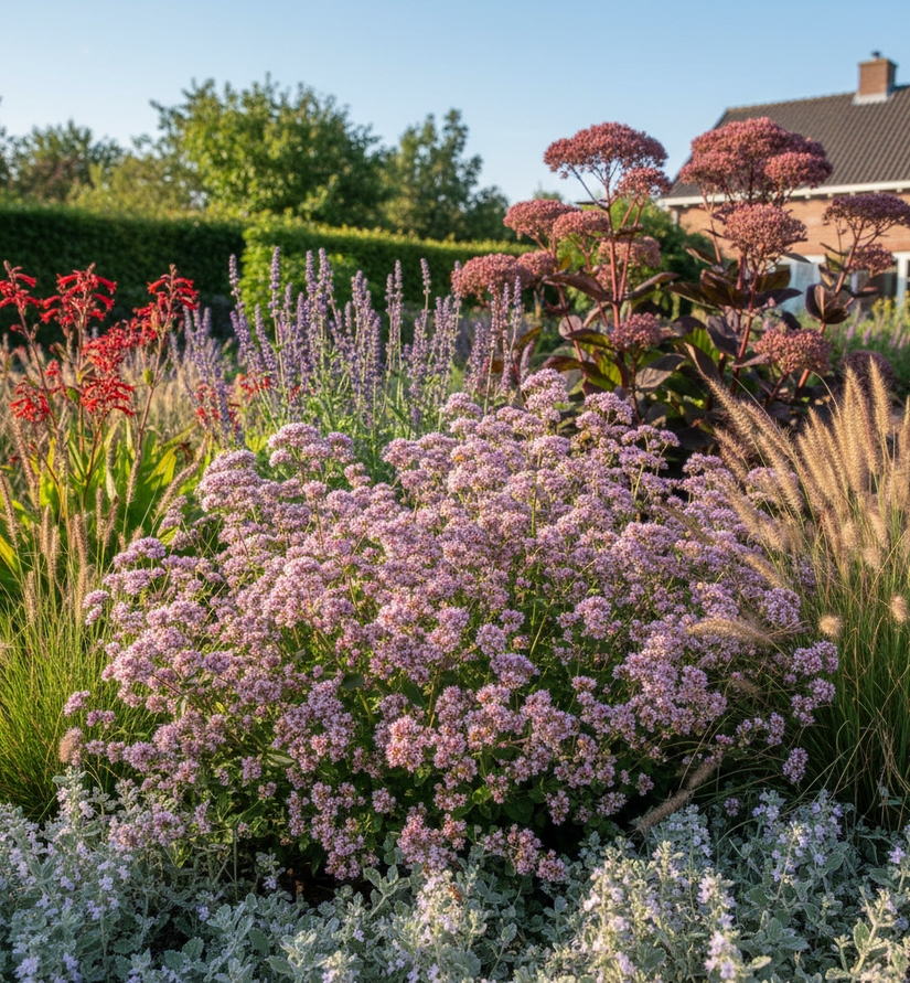 origanum vulgare in zonnige border met Kattenkruid 'Nepeta' kit cat aan de rand

Lavendel blue wonder of intermedia dutch

Vetkruid 'Sedum' matrona (rechts)

Bergsteentijm 'Calamintha Nepeta'

Vedergras 'Stipa' ponytails

Bergamotplant 'Crocosmia' lucifer (links)