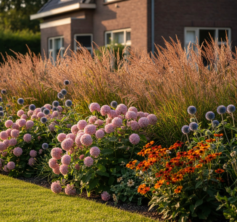 Panicum Rehbraun Vingergras achteraan in vaste planten border met Kogeldistel en Zonnekruid .
