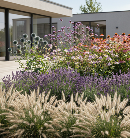 Lage Lampenpoetsersgras - pennisetum little bunny vooraan in border met Lavendel 'Lavandula' intermedia dutch er achter

Akelei 'Aquilegia' en kogeldistel veitch blue er achter

Zonnehoed 'Echinacea' er achter en ijzerhard verbena bonar. helemaal achteraan. 