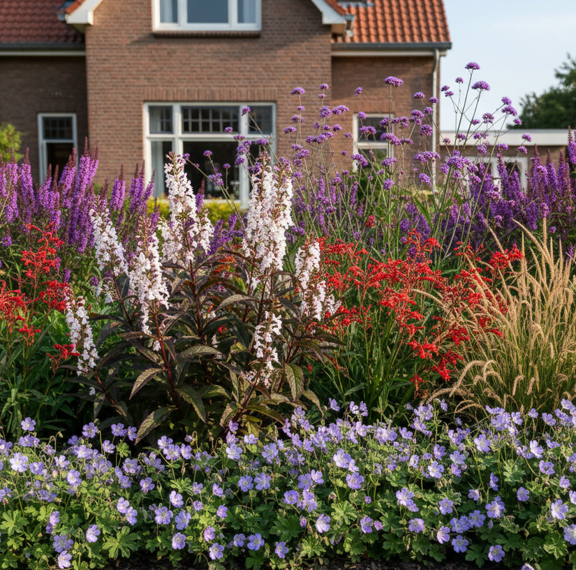 Penstemon husker red met Dropplant 'Agastache'

IJzerhard 'Verbena' bonar. zet deze er achter

Montbretia 'Crocosmia' planten

Ooievaarsbek 'Geranium' aan de rand