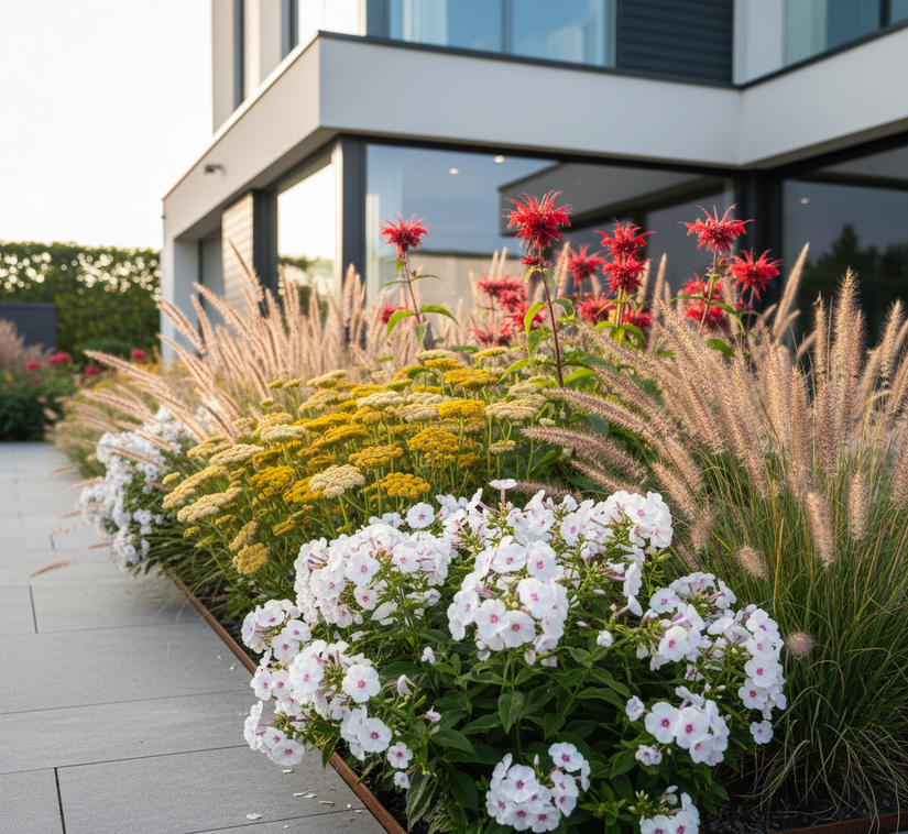 Phlox Bright eyes met Duizendblad 'Achillea' , Bergamotplant (Monarda) en lampenpoetsersgras