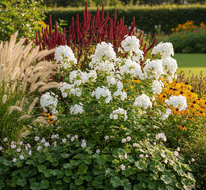 Vlambloem Phlox 'David' met geranium spessart ervoor en eracher duizendknoop persicaria blackfield, Lamenpoetsersgras pennisetum hameln en gele zonnehoed rudbeckia