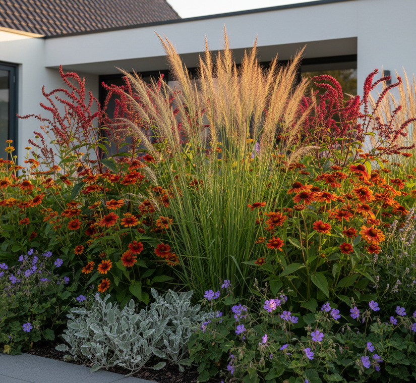 Pijpestrootje - Molinia karl foerster in border met Zonnekruid 'Helenium' 

Pimpernel 'Sanguisorba' er achter

Ooievaarsbek 'Geranium' en Ezelsoor 'Stachys' aan de rand