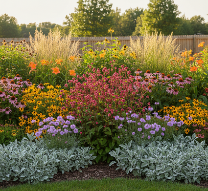 sanguisorba off tanna  Ezelsoor 'Stachys' als randbeplanting
Gele Zonnehoed 'Rudbeckia' 
Rode Zonnehoed 'Echinacea' 
Ruwe Smele 'Deschampsia' 
Lampenpoetsersgras 'Pennisetum' 
Daglelie 'Hemerocallis' 
Struisriet 'Calamagrostis'