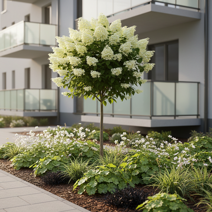pluimhortensia op- stam kyushu met onderbeplanting: geranium marcror. spessart, carex ice dance en alchemilla mollis. 