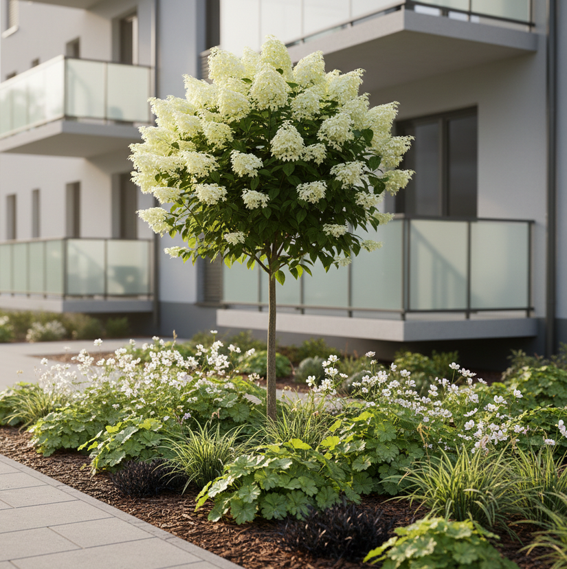 pluimhortensia op- stam kyushu met onderbeplanting: geranium marcror. spessart, carex ice dance en alchemilla mollis. 