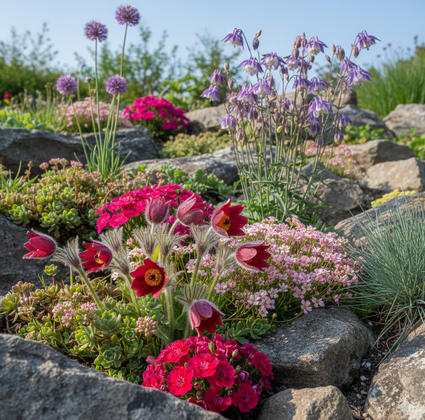 Pulsatilla vulgaris 'Rubra' in rotstuin met Saxifraga (steenbreek), Akelei (voor luchtigheid), Sedum, Allium, Dianthus (anjers) en Festuca (siergras)