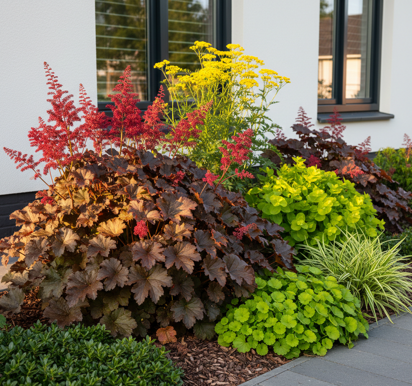 heuchera chocolate ruffles met spira astilbe fanal
Duizendblad 'Achillea' geel er achter

Wolfsmelk 'Euphorbia' , 
Vrouwenmantel Alchemilla voorlangs, zegge carex ice dance

Schaduwkruid 'Pachysandra' bodembedekkers (linksonder)