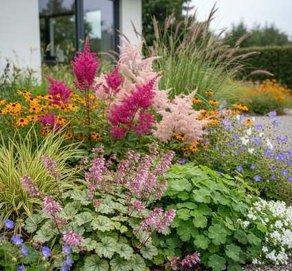 Heuchera Paris in halfschaduwborder met Spierstruik 'Astilbe' Fanal

Vrouwenmantel 'Alchemilla'

Zonnekruid 'Helenium' moerheim beauty

Lampenpoetsersgras 'Pennisetum' en Pijpestrootje 'Molinia' siergrassen 

Ooievaarsbek Tuingeraniums aan de rand