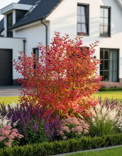 wilde kardinaalsmuts sierheester - red cascade euonymus europaeus in border met salie mainacht en sedum herbstfreude
