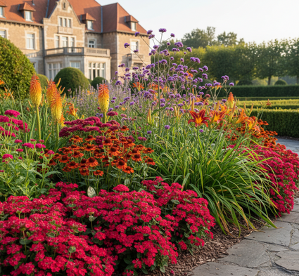 Centranthus ruber 'Coccineus' met Zonnekruid 'Helenium' Moerheim Beauty

IJzerhard 'Verbena' bon.

Daglelie 'Hemerocallis' frans hals

Chinese Ruit 'Thalictrum'

Vuurpijl 'Kniphofia' royal castle

Duizendblad 'Achillea' cersie queen
