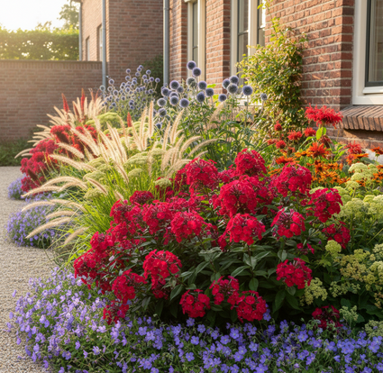 Phlox starfire met Duizendblad 'Achillea', allerlei siergrassen, Bergamotplant 'Monarda', Zonnekruid 'Helenium', Kogeldistel 'Echinops' en meer vaste planten zoals Ooievaarsbek 'geraniums'  Rozanne randbeplanting