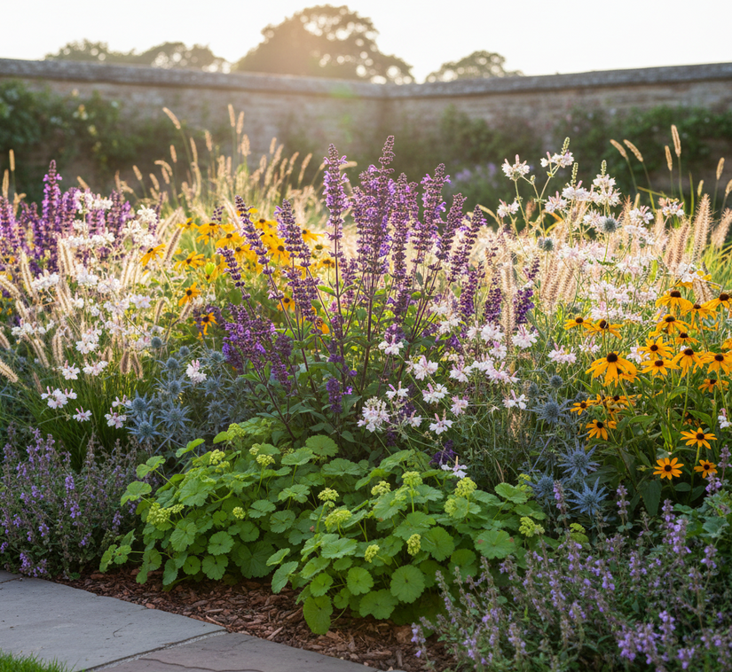 Salvia nemorosa 'Caradonna' met Alchemilla (vrouwenmantel)

Gele Zonnehoed 'Rudbeckia'

Eryngium (Kruisdistel)

Nepeta (Kattenkruid)

Gaura (Prachtkaars) wit enkele tussendoor

Diverse siergrassen van Deschampsia (Ruwe Smele), Molinia (Pijpestrootje), Stipa (Vedergras) en Pennisetum (Lampepoetsersgras)