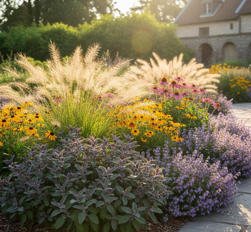 Salvia officinalis 'Purpurascens' combineren met Vedergras 'Stipa' en bloeiende planten zoals Gele Kamille, Rudbeckia, Zonnehoed 'Echinacea' of Kattenkruid 'Nepeta'