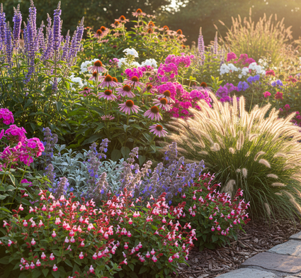 Salie Hot Lips met Dropplant 'Agastache', Zonnehoed 'Echinacea', Kattenkruid 'Nepeta', Vlambloem, Klokjesbloem campanula en pennisetum hameln