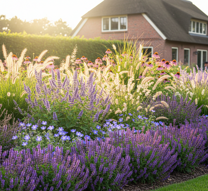salvia ostfriesland in border met Steenraket 'Erysimum'

Ooievaarsbek 'geranium' aan de rand

Dropplant 'Agastache' blue fortune er achter

Allerlei siergrassen zoals Vedergras 'Stipa', Lampepoetsersgras 'Pennisetum' en Pijpestrootje 'Molinia'

Prachtkaars 'Gaura'

Kattenkruid 'Nepeta'

Zonnehoed 'Echinacea'