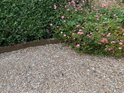 schelpenpad met cortenstaal borderrand en geranium en haag