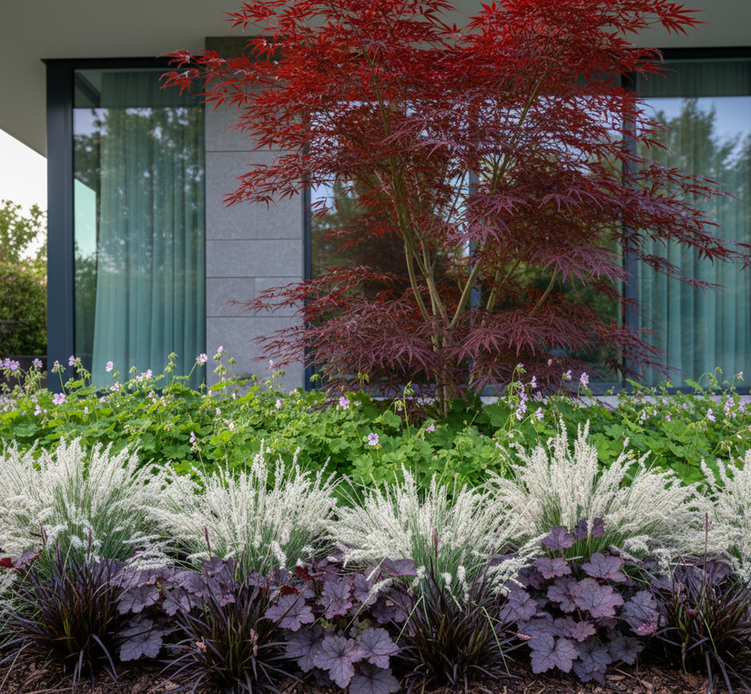 luzula niveau met geranium spessart, zwart gras, heuchera palace purple en japanse esdoorn op achtergrond in strakke schaduw tuin.