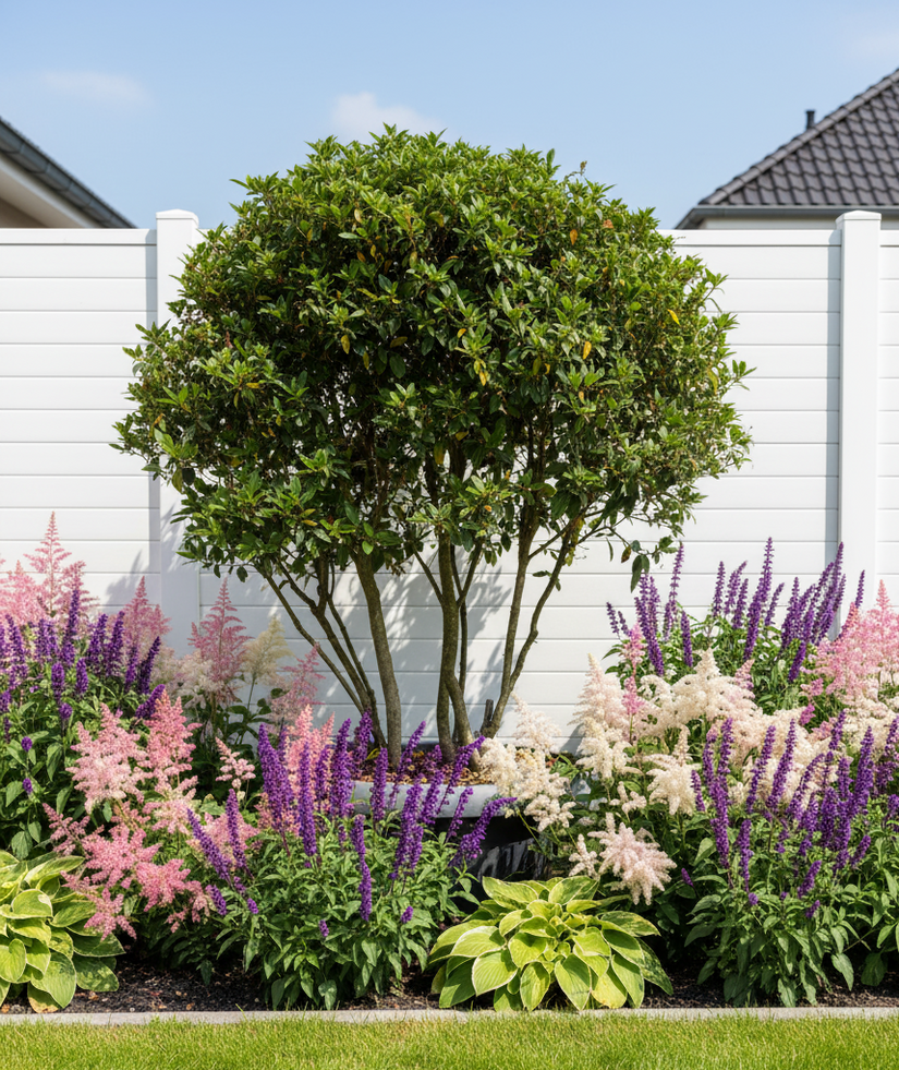 solitaire, meerstammige viburnum tinus in border met sali caradonna, hosta's en astilbe pluimspirea's