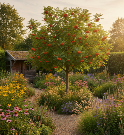 hoogstam sorbus dodong boom na enkele jaren met prairie vaste planten bordr