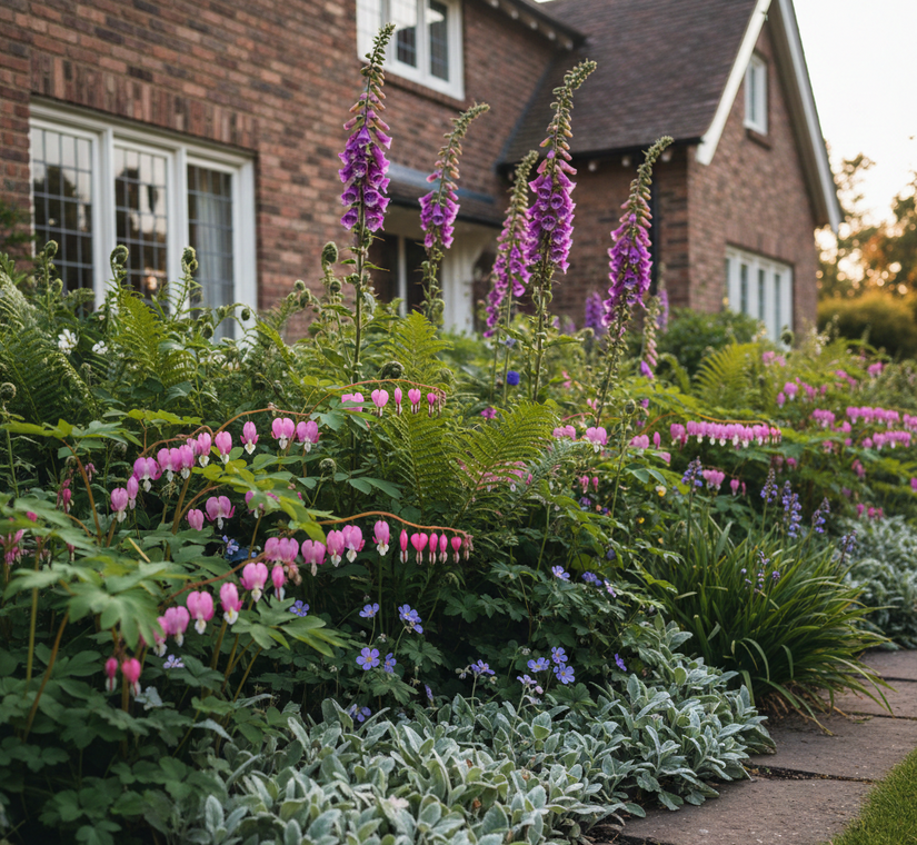 Dicentra spectabilis in border met Vingerhoedskruid 'Digitalis'

Varens 'Dryopteris'

Ezelsoor 'Stachys'

Ooievaarsbek 'Geranium'

Leliegras 'Liriope'
