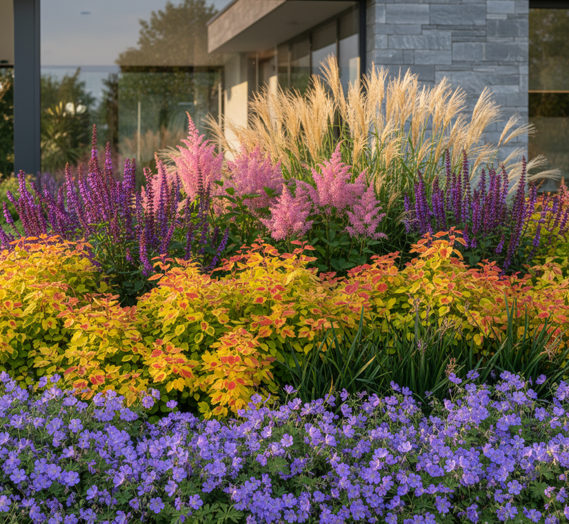 Spierstruik Spirea goldflame in border met Ooievaarsbek 'Geranium' als randbeplanting

Pluimspirea 'Astilbe'

Salie 'Salvia' Caradonna 

Leliegras 'Liriope', zegge carex en lampenpoetsersgras