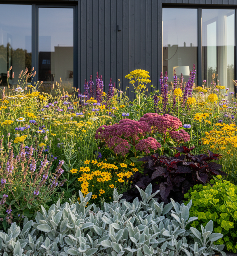 stachys byzantina aan de rand met met Duizendblad 'Achillea' 

Duifkruid 'Scabiosa'

Meisjesogen 'Coreopsis'

Brandkruid 'Phlomis'

Vetkruid 'Sedum' Matrona

Salie 'Salvia' planten Ostfriesland

Klokjesbloem 'Campanula'

Purperklokje 'Heuchera' palace purple

Wolfsmelk 'Euphorbia' 
