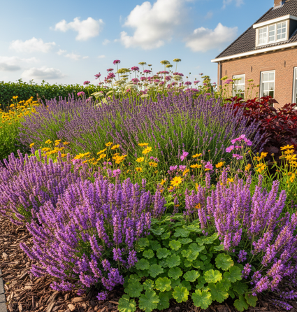 Stachys monieri 'Hummelo' in border met Vrouwenmantel 'Alchemilla' (vooraan)

Lavendel 'Lavandula'

Duizendblad 'Achillea' wit achteraan

Lavendel 'Lavendula'

Duifkruid 'Scabiosa',

Meisjesogen 'Coreopsis' geel

Sedum matrona