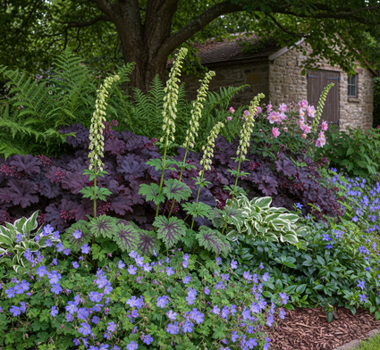 tellima grandiflora met mannetjesvaren

Hartlelie 'Hosta' witbont

Herfstanemoon 'Anemone'

Ooievaarsbek 'Geranium' als randbeplanting er voor

Purperklokje 'Heuchera' donkerpaarse blad

Maagdenpalm Vinca major
