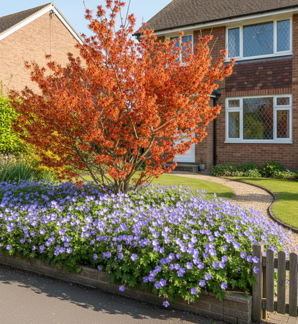 oranje toverhazelaar volgroeid met geranium rozanne als onderbeplanting