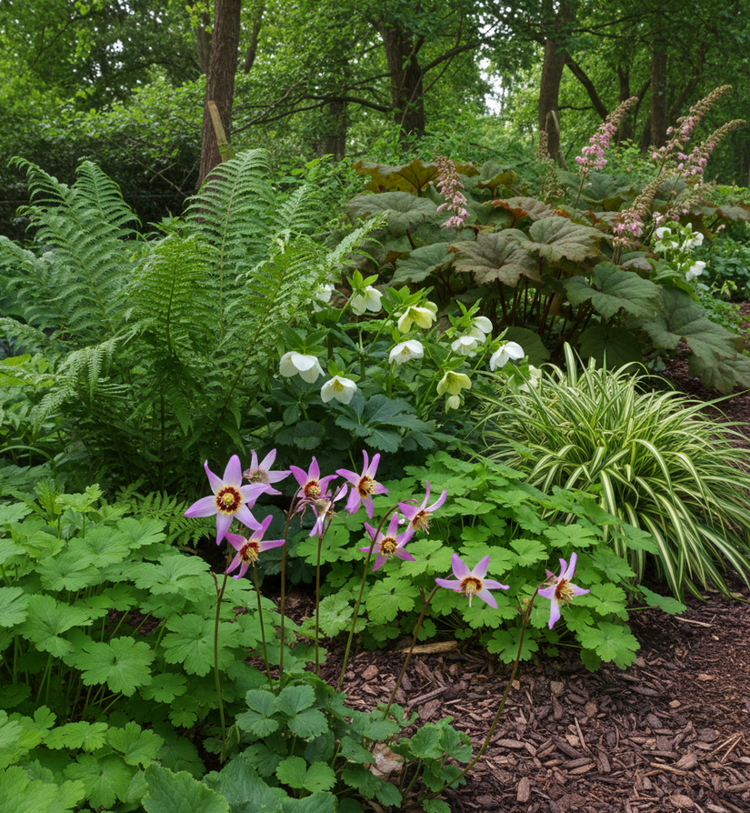 Twaalfgodenkruid Dodecatheon Media op de voorgrond met Nieskruid 'Helleborus Niger', Bonte Zegge 'Carex', Varens, Schout bij nacht 'Rodgersia' en vrouwenmantel 'Alchemilla' in schaduwborder.