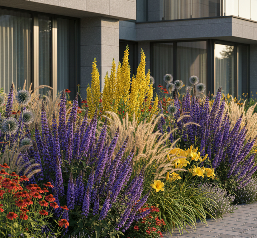 veronica longifolia blauriesin  combineren met brandkruid, lampenpoetsersgras, Zonnekruid Helenium
Daglelie 'Hemerocallis' 
Kogeldistel 'Echinops' 