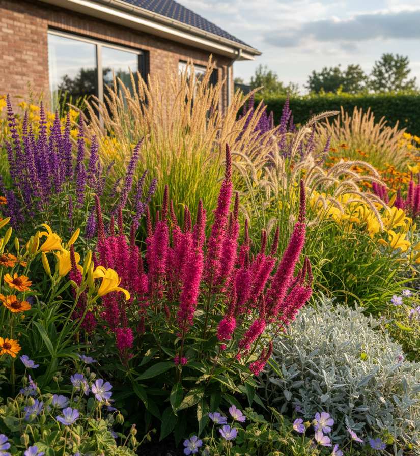 Veronica spicata Rotfuchs combinaties met daglelies, ooievaarsbek rozanne en siergrassen vedergras stipa en lampenpoetsersgras penisetum